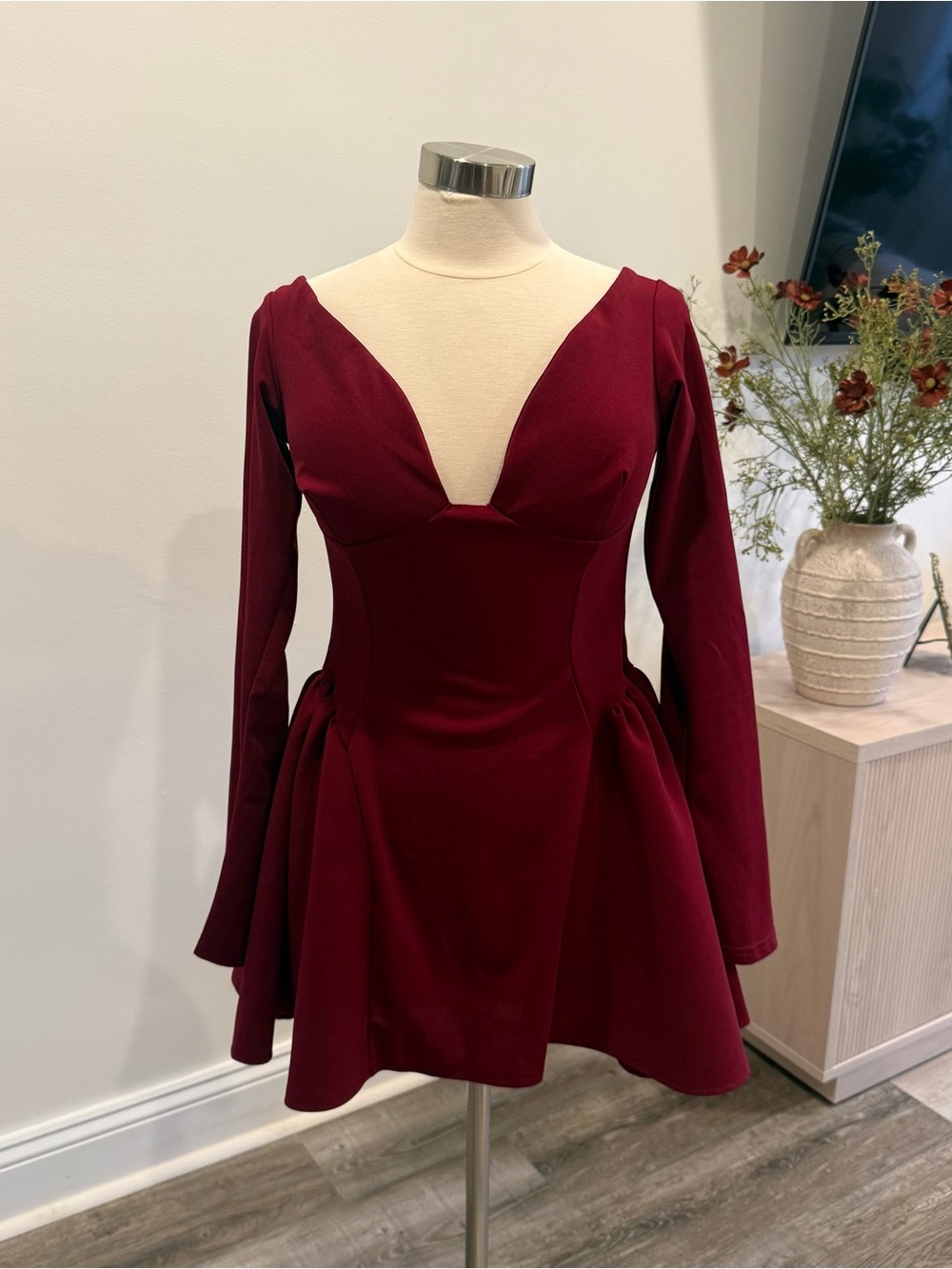 Deep Wine Red Long-Sleeve V-Neck Fit & Flare Dress